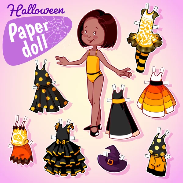 Very cute paper doll with seven beautiful dresses at halloween. — Stock Vector