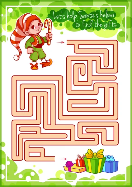 Gioco labirinto per bambini con elfo carino e regali . — Vettoriale Stock