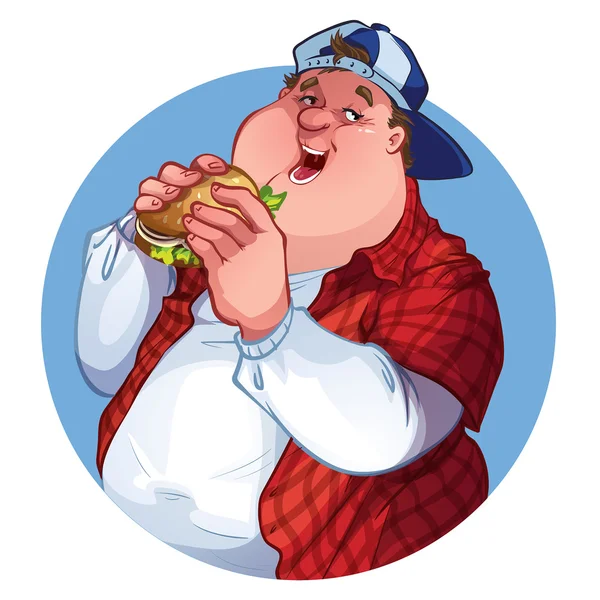 Hombre gordo con una hamburguesa — Vector de stock