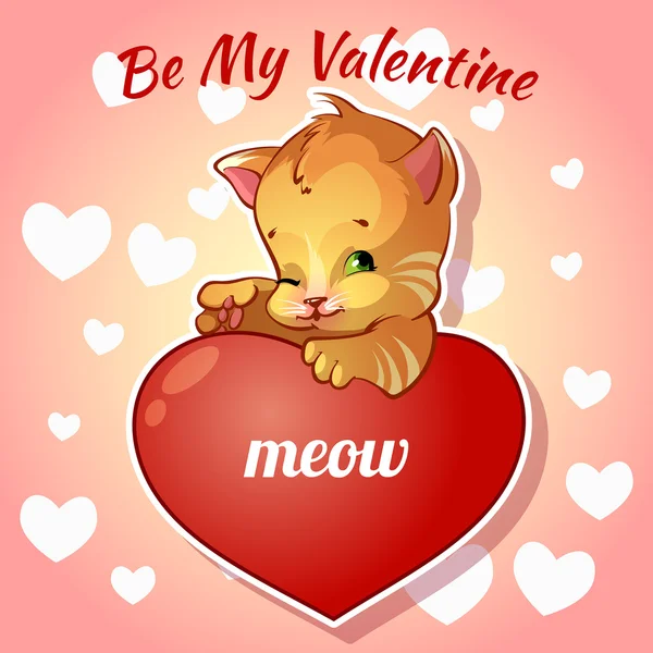 Lindo gatito rojo con corazones para el Día de San Valentín — Vector de stock