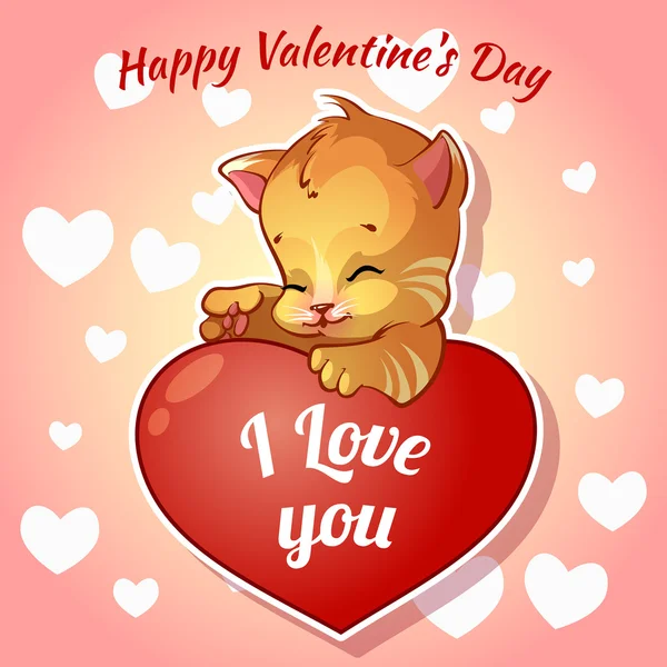 Lindo gatito rojo con corazones para el Día de San Valentín — Vector de stock