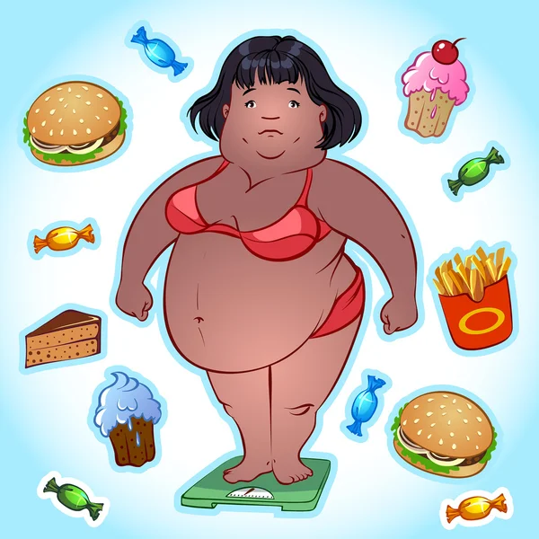 La mujer gorda en la balanza y el juego de los productos nocivos — Archivo Imágenes Vectoriales