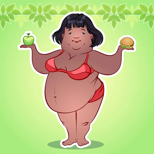 Mujer gorda con hamburguesa y manzana — Archivo Imágenes Vectoriales