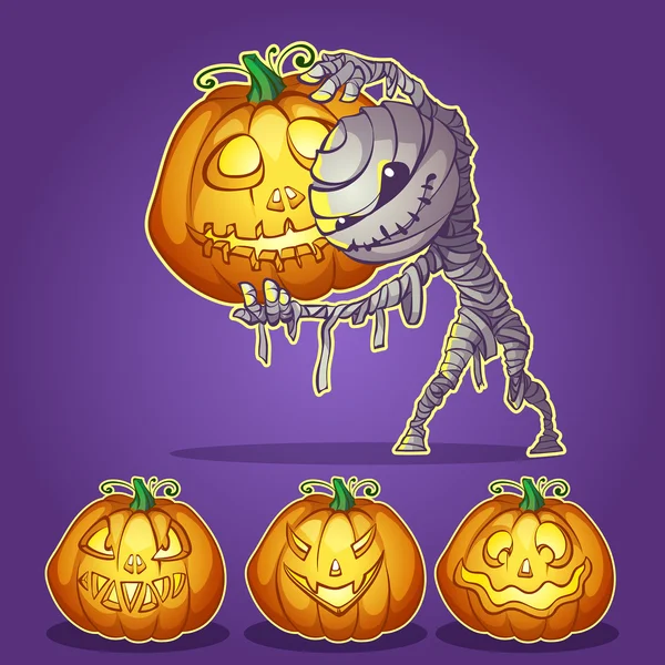 Mummy with pumpkins for Halloween — Stock Vector