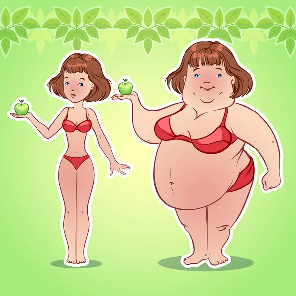 Mageres und dickes Mädchen mit einem Apfel — Stockvektor