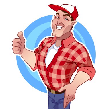 A smiling man in a plaid shirt with a raised finger clipart