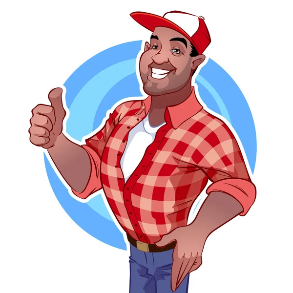 A smiling man in a plaid shirt with a raised finger — Stock Vector