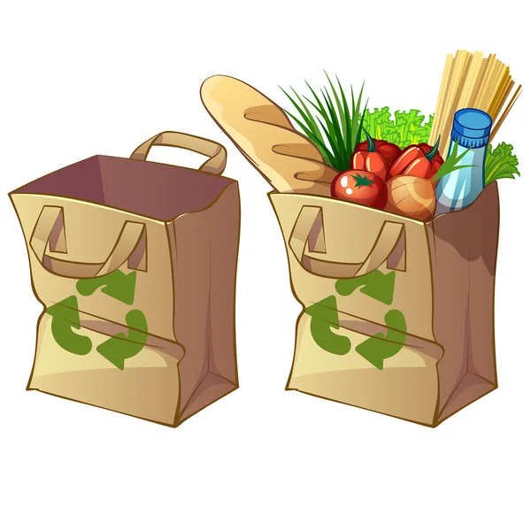 Bolsa de papel vacía y una bolsa con comida — Vector de stock