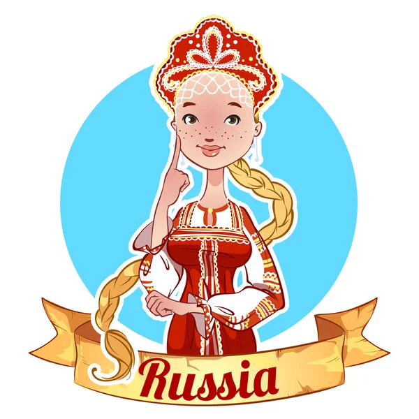 Fille avec de longues tresses en vêtements nationaux russes — Image vectorielle