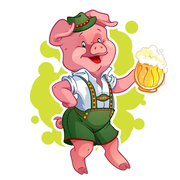 Jolly cerdo gordo en traje bávaro con cerveza — Vector de stock