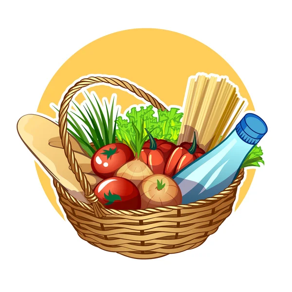 Cesta de mimbre con comida — Vector de stock