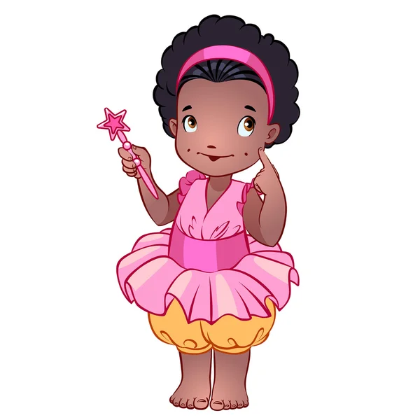 Petite fille mignonne dans une robe rose avec baguette magique — Image vectorielle