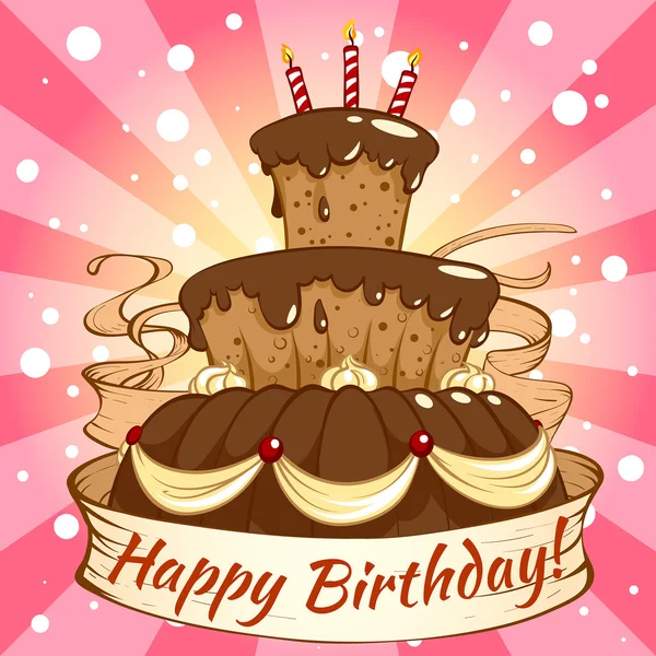 Geburtstagskarte mit einem großen Schokoladenkuchen — Stockvektor