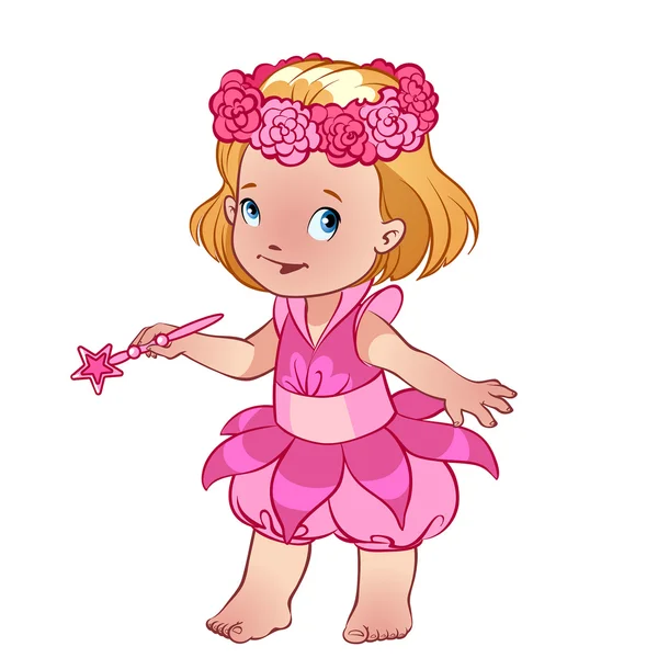 Little cute girl in a pink dress with magic wand — Stock Vector