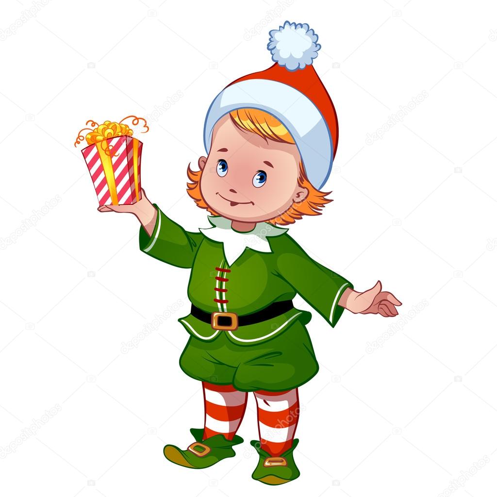 Cute little elf with a gift - Santa Claus helper