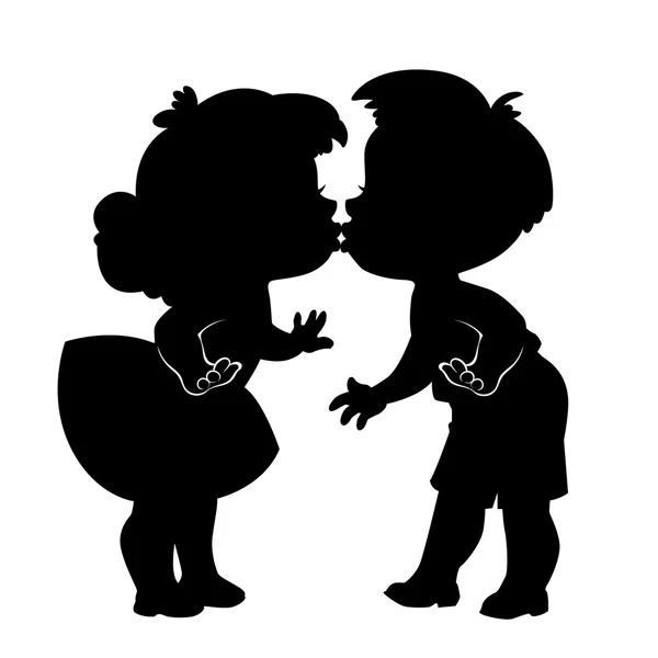 Silueta de dos niños besándose sobre fondo blanco — Vector de stock