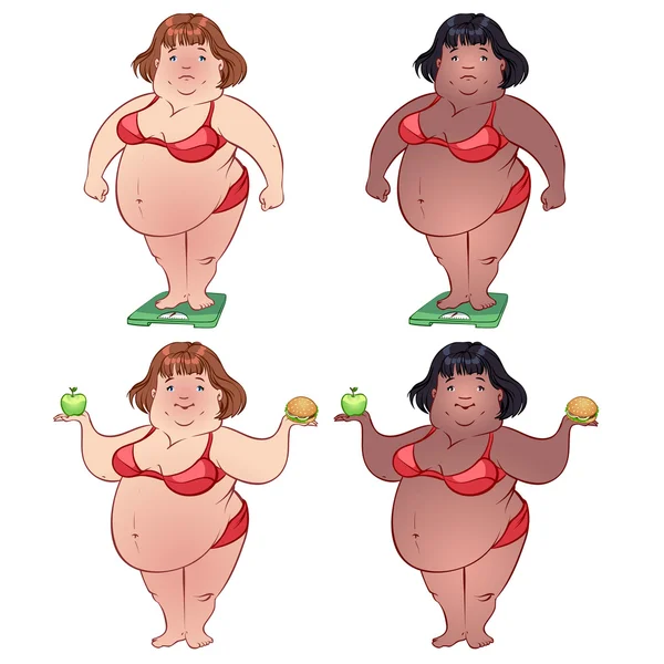 Mujer gorda linda en la balanza y con comida en sus manos — Vector de stock