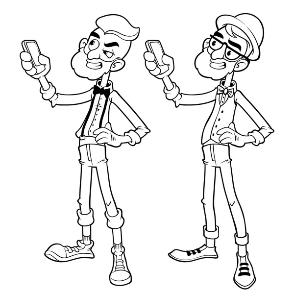 Deux hipster avec téléphone sur fond blanc — Image vectorielle