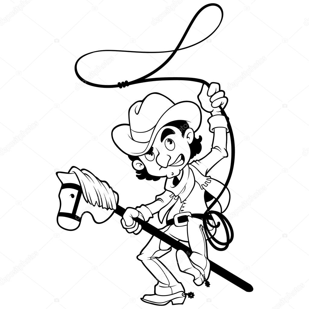 Cowboy with lasso on a stick-horse outlined on a white backgroun