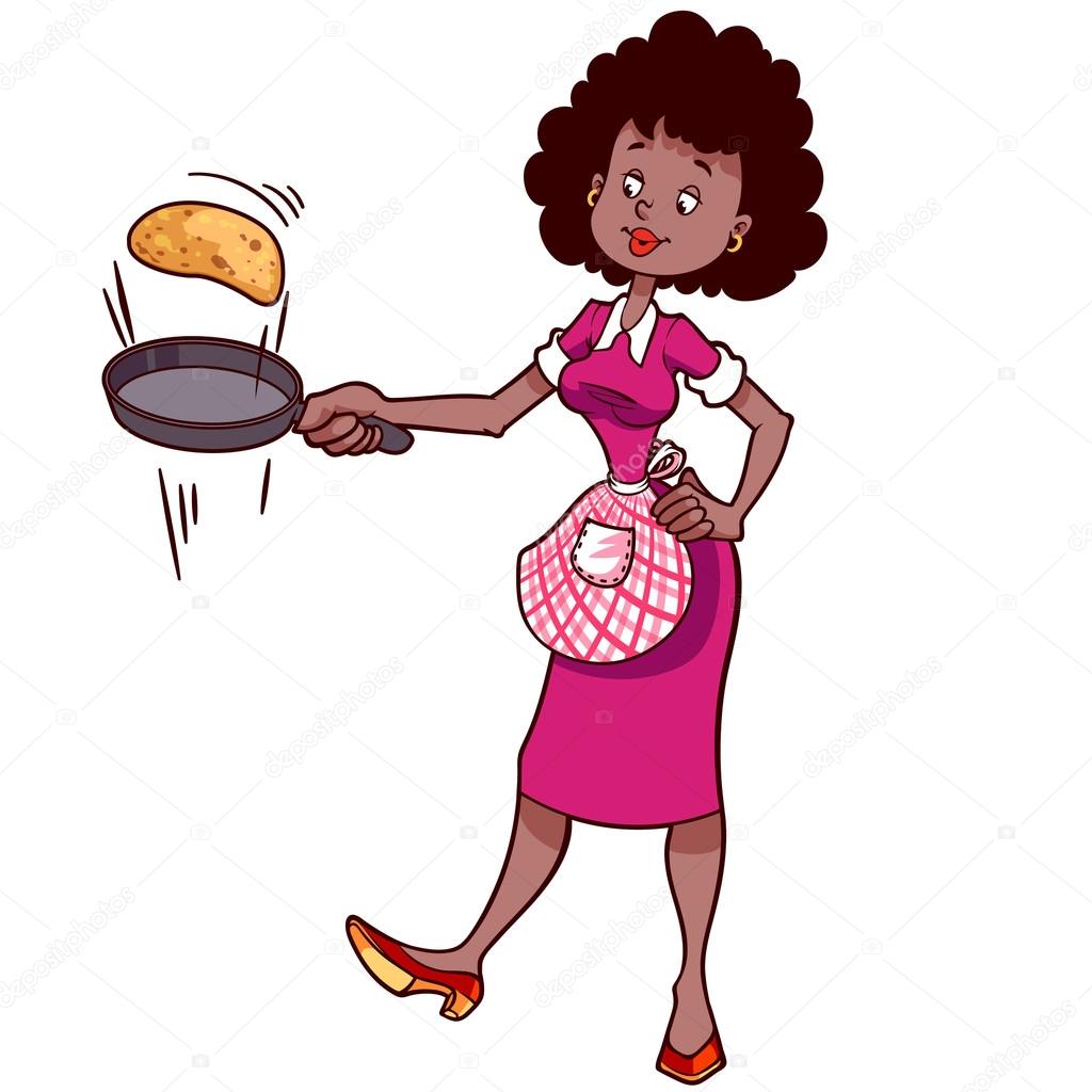 Cute housewife in apron with a frying pan and pancake
