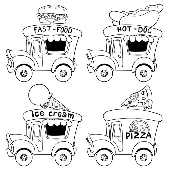 Cartoon fast-food cars outlined on a white background — Stock Vector