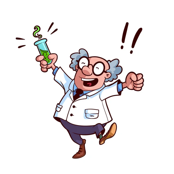 Happy professor in a white robe with a chemical flask in his han — Stock Vector