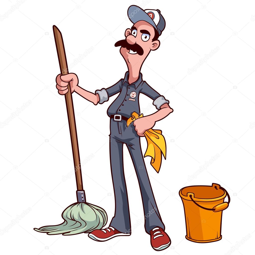 Smiling cleaner with a mop and bucket
