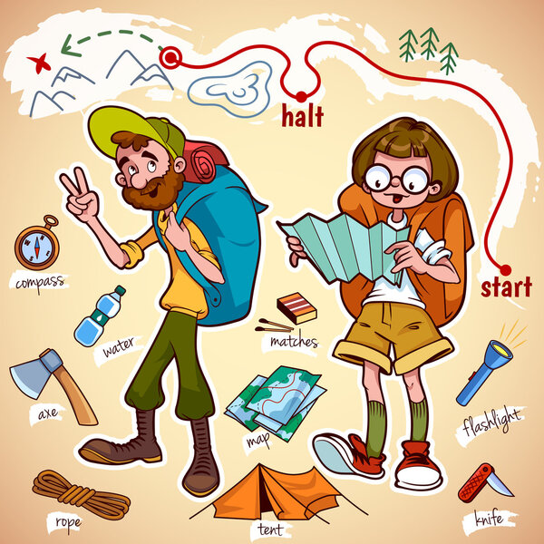 Set of characters and things for hike and camp.