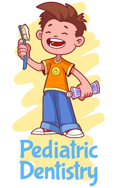 Odontología pediátrica. Cartel con un niño con un cepillo de dientes y también — Archivo Imágenes Vectoriales