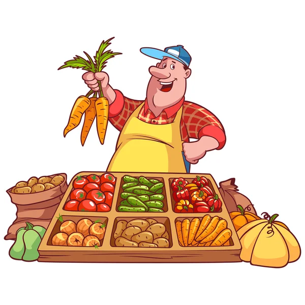 Vendedor de verduras alegre en el mostrador con una zanahoria en su ha — Vector de stock