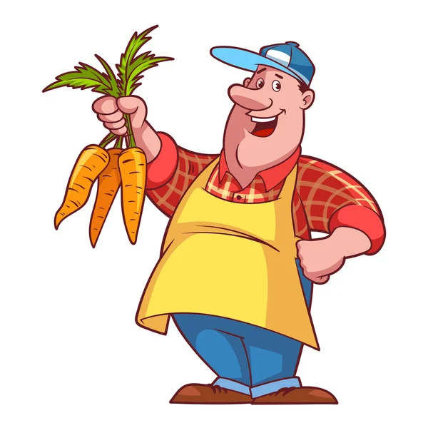 Cheerful farmer in an apron with a carrot in his hands — Stock Vector
