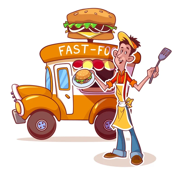 Cartoon-Fastfood-Auto mit dem Verkäufer von Hamburgern — Stockvektor
