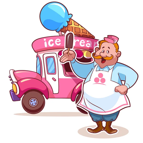 Cartoon ice cream car with the seller — Stock Vector