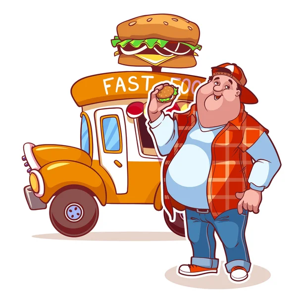 Çizgi film fast food araba ile şişman adam — Stok Vektör