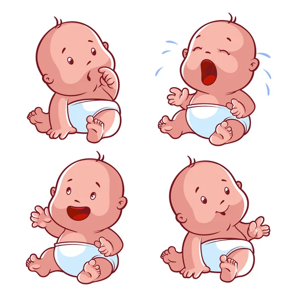 Conjunto de bebés pequeños, con bebé preocupado, bebé llorando, bebé feliz, sm — Archivo Imágenes Vectoriales