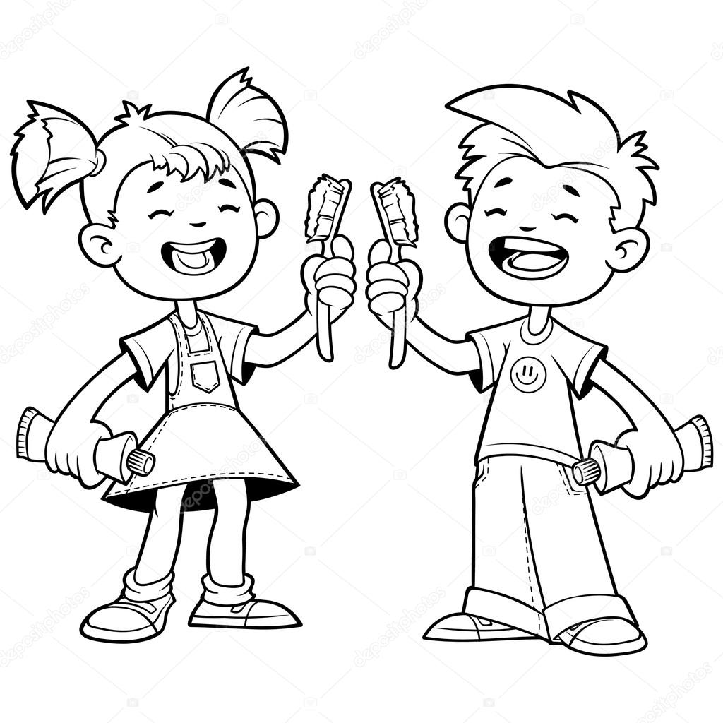 Two cheerful child with toothbrushes. Outline on a white background