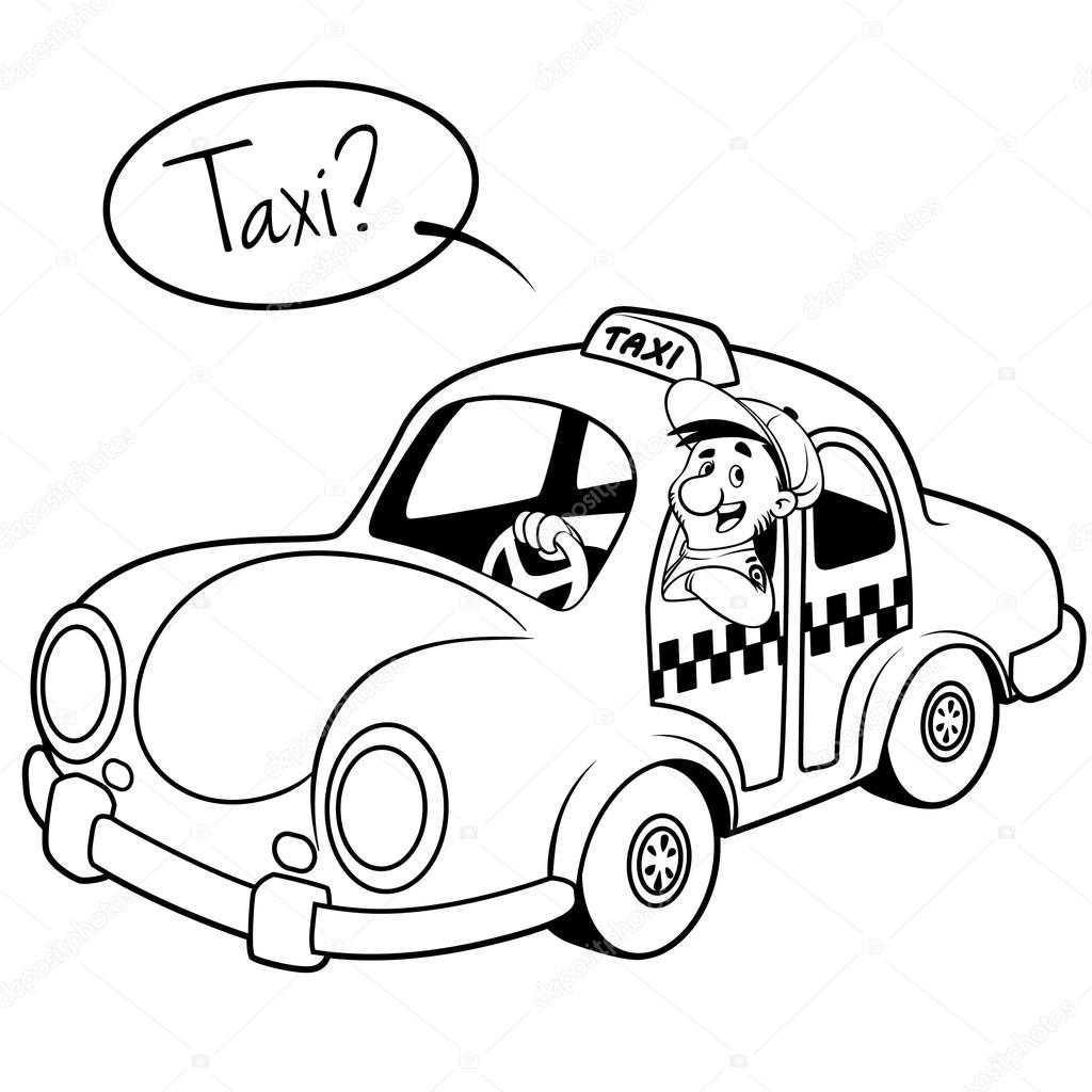 Taxi driver in the car. Outline on a white background