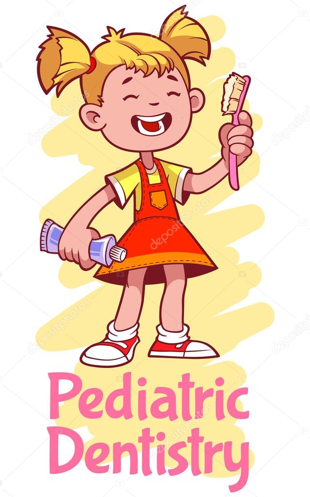 Pediatric Dentistry. Poster with a girl with a toothbrush and toothpaste.