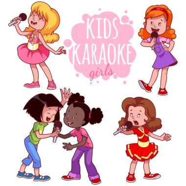 Cartoon children sing with a microphone. Vector clip art illustr