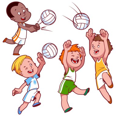 Voleybol oynayan çizgi film çocuklar. Vektör klip sanat çizim üzerinde