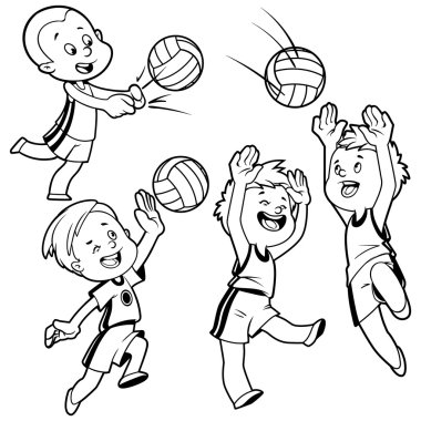 Voleybol oynayan çizgi film çocuklar. Vektör klip sanat çizim üzerinde