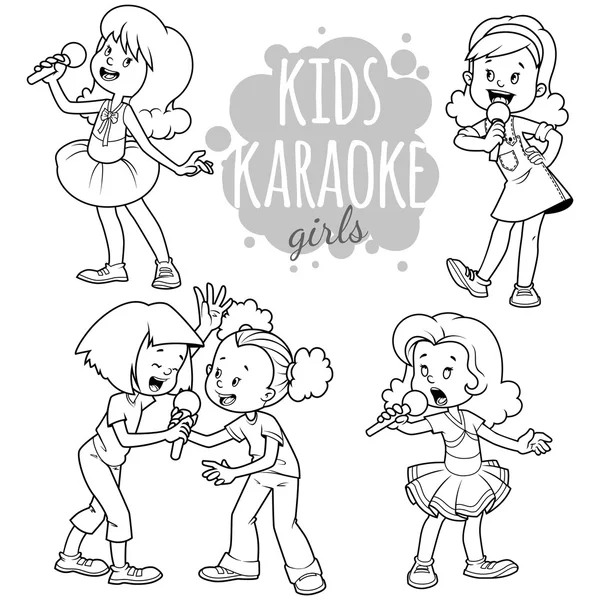 Niños de dibujos animados cantan con un micrófono. Pinza vectorial art illustr — Vector de stock