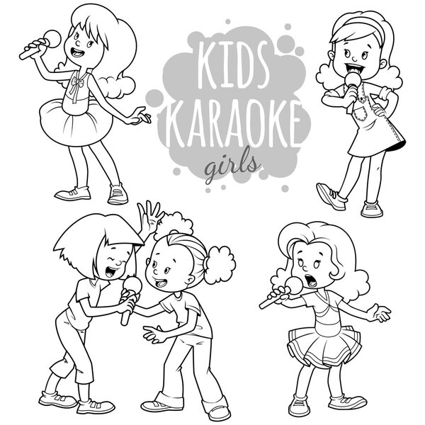 Cartoon children sing with a microphone. Vector clip art illustr