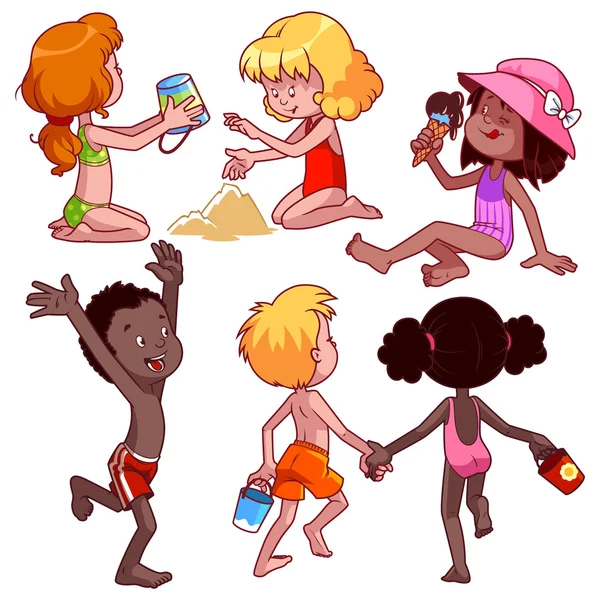 Kinderen op het strand. Vectorillustratie op een witte achtergrond. — Stockvector