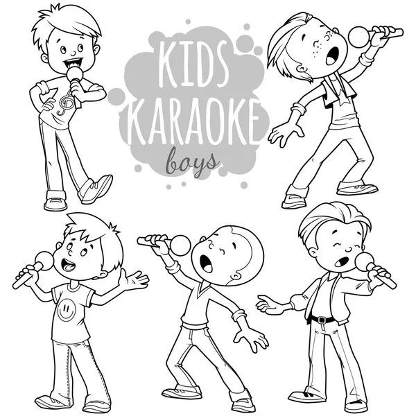 Crianças dos desenhos animados cantam com um microfone. Vector clip art illustr —  Vetores de Stock