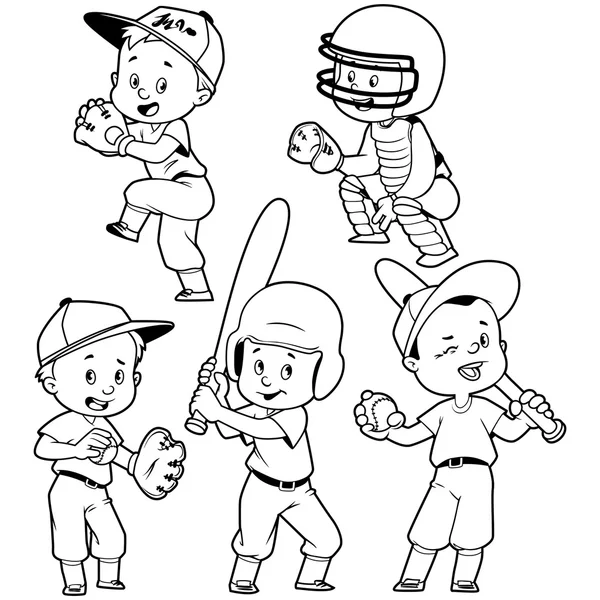 Crianças dos desenhos animados a jogar basebol. Vector clip arte ilustração em um — Vetor de Stock