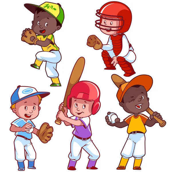 Κινούμενα σχέδια παιδιά παίζοντας μπέιζμπολ. Διανυσματικά εικονογράφηση art κλιπ σε ένα — Διανυσματικό Αρχείο