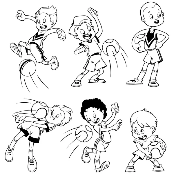 Niños de dibujos animados jugando al dodgeball. Ilustración del clip vectorial. Ou. — Vector de stock