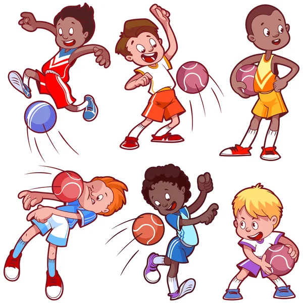 Anak-anak kartun bermain dodgeball. Ilustrasi klip vektor pada - Stok Vektor