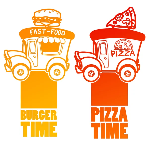 Cartoon fast-food car with a big hamburger and pizza on a white — Stock Vector